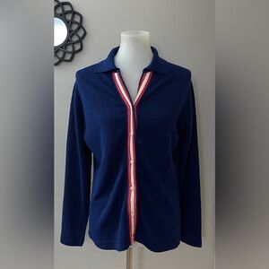 Vintage 60s 70s Talbott Traveler Navy Blue Top Red & White Stripe Chic Retro